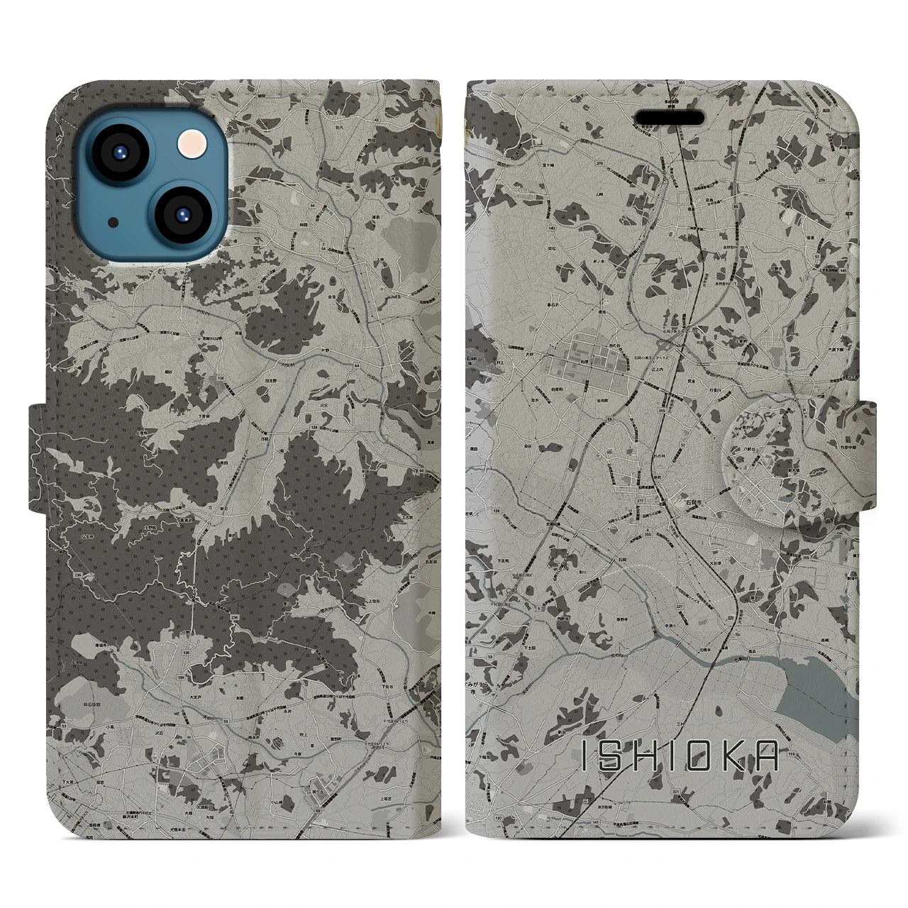 【石岡(茨城県)】地図柄iPhoneケース(手帳タイプ)モノトーン・iPhone 13 用