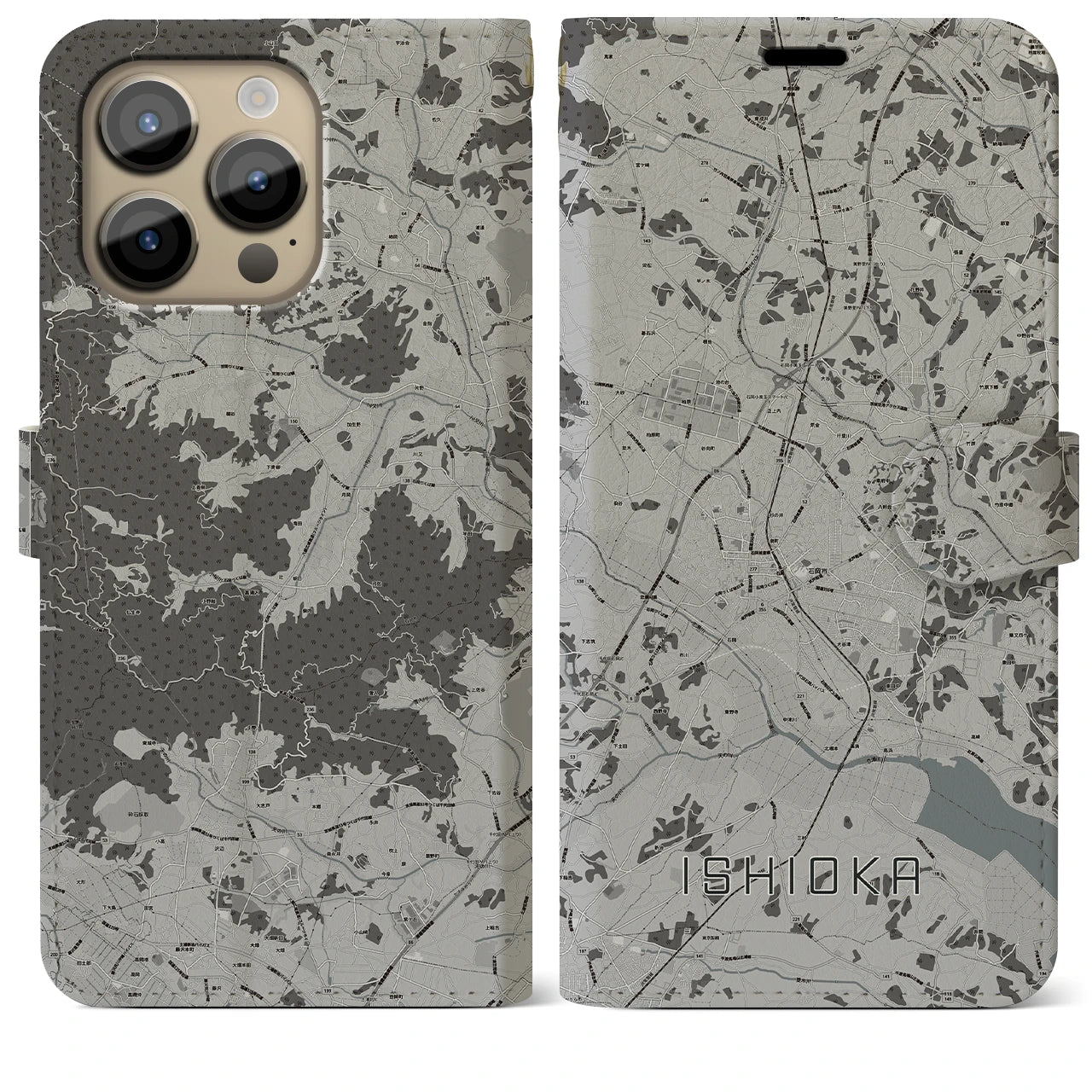 【石岡(茨城県)】地図柄iPhoneケース(手帳タイプ)モノトーン・iPhone 14 Pro Max 用