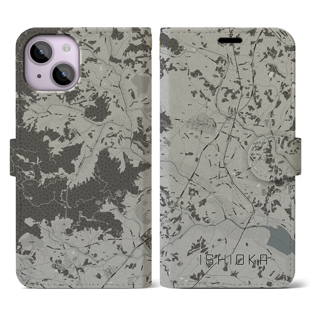【石岡(茨城県)】地図柄iPhoneケース(手帳タイプ)モノトーン・iPhone 14 用