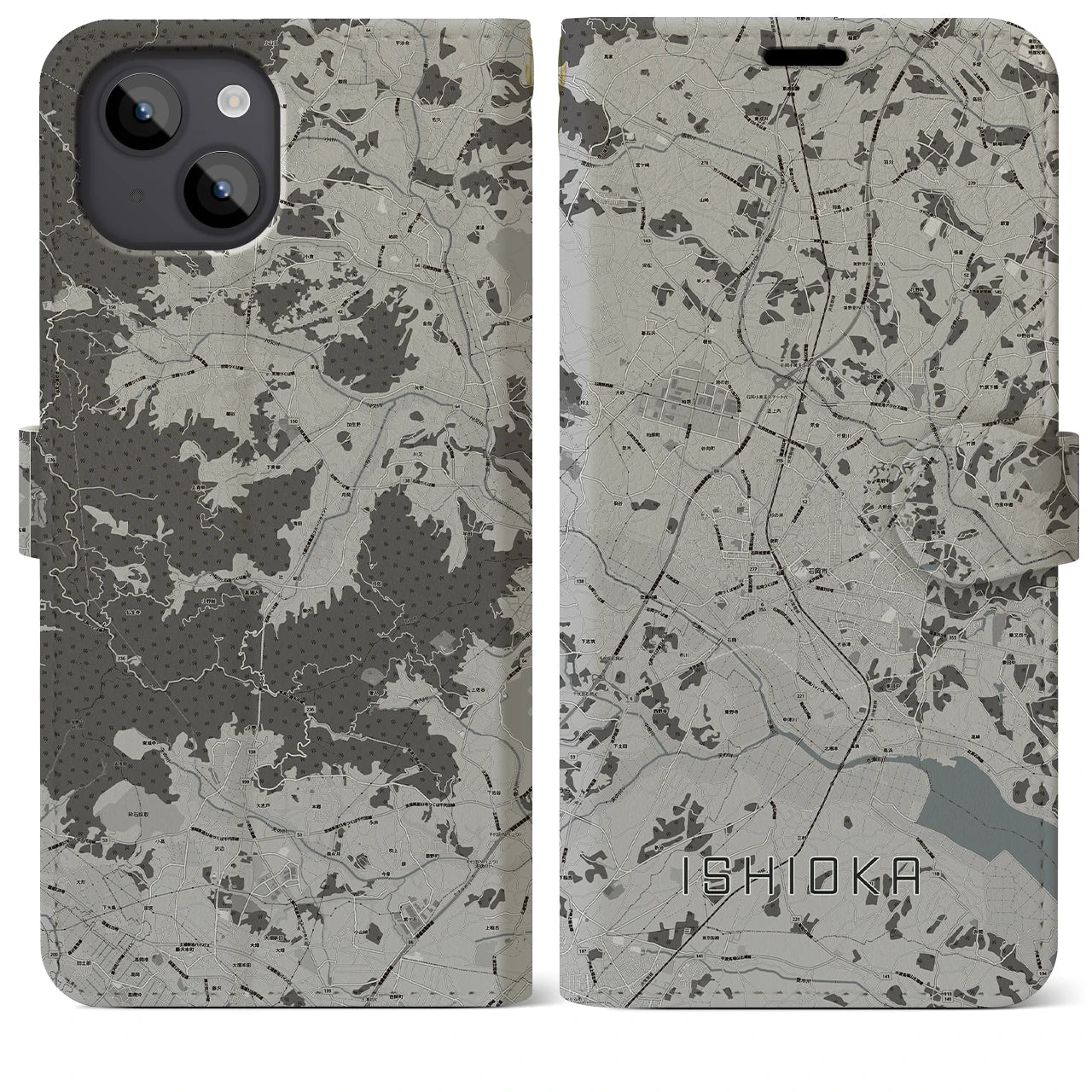 【石岡(茨城県)】地図柄iPhoneケース(手帳タイプ)モノトーン・iPhone 14 Plus 用