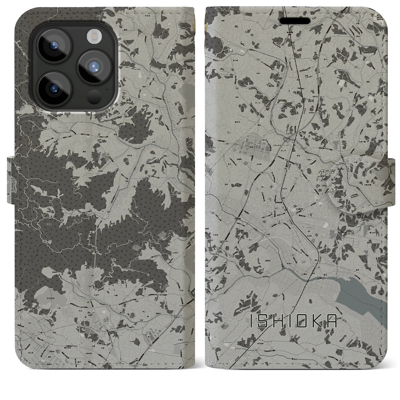 【石岡(茨城県)】地図柄iPhoneケース(手帳タイプ)モノトーン・iPhone 15 Pro Max 用