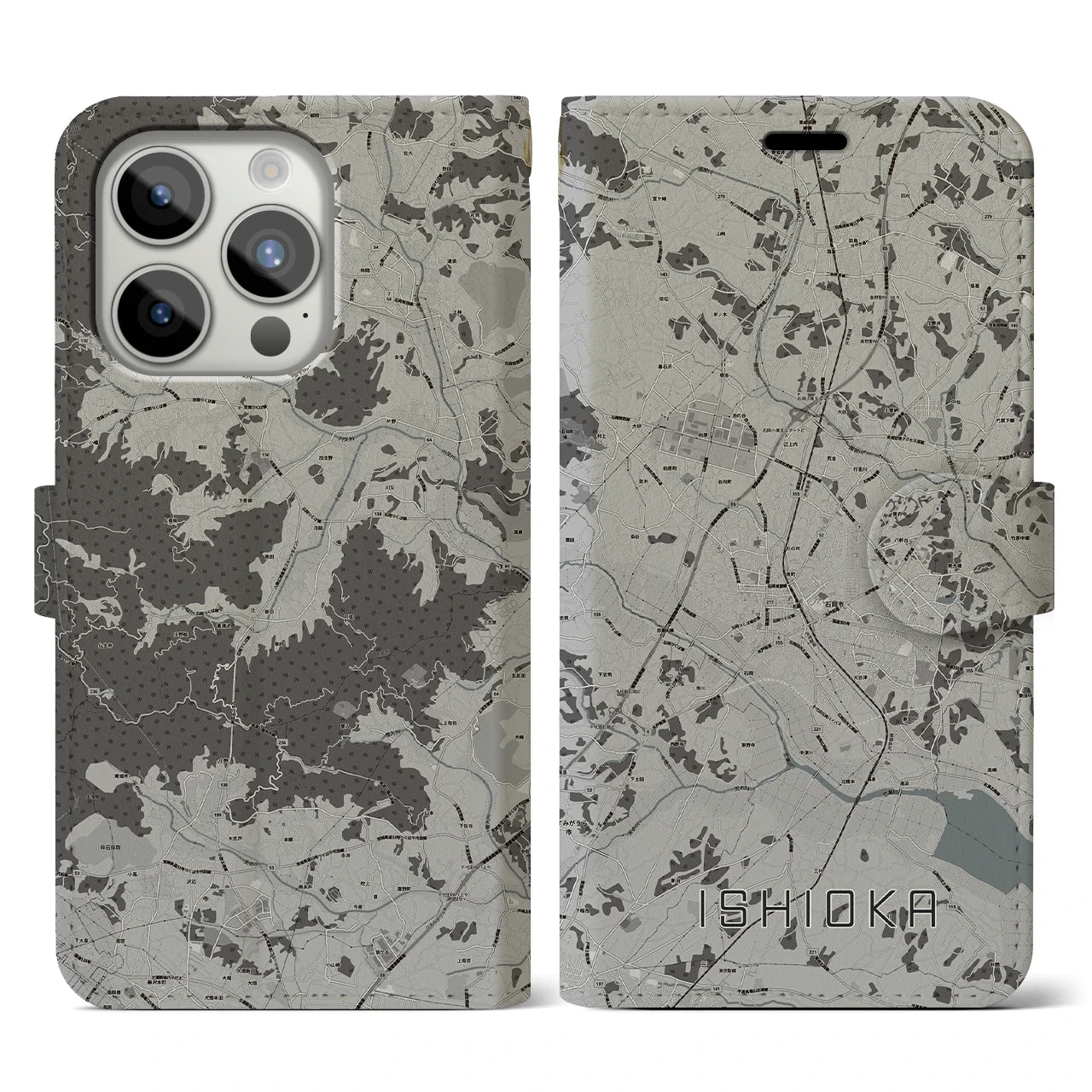 【石岡(茨城県)】地図柄iPhoneケース(手帳タイプ)モノトーン・iPhone 15 Pro 用