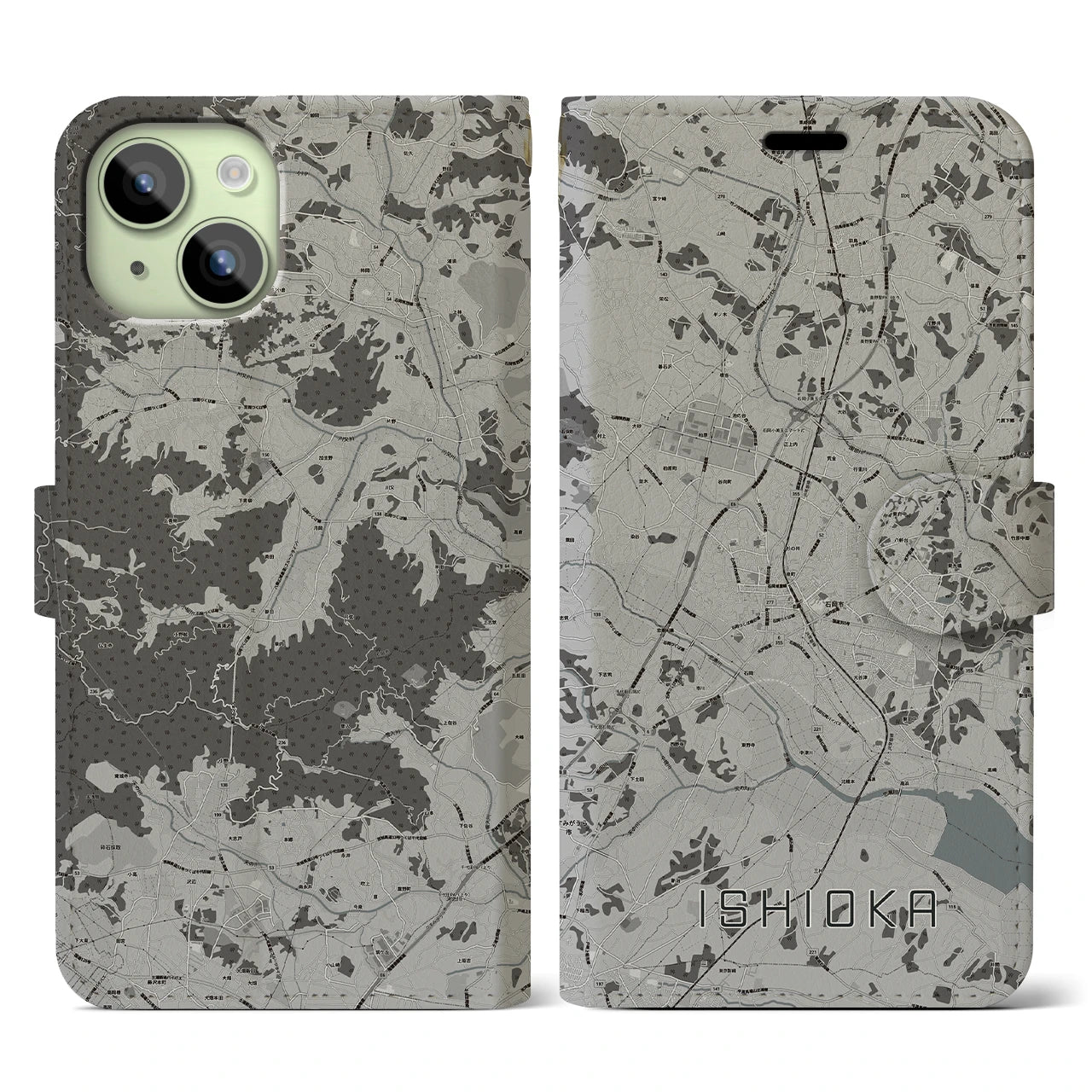 【石岡(茨城県)】地図柄iPhoneケース(手帳タイプ)モノトーン・iPhone 15 用