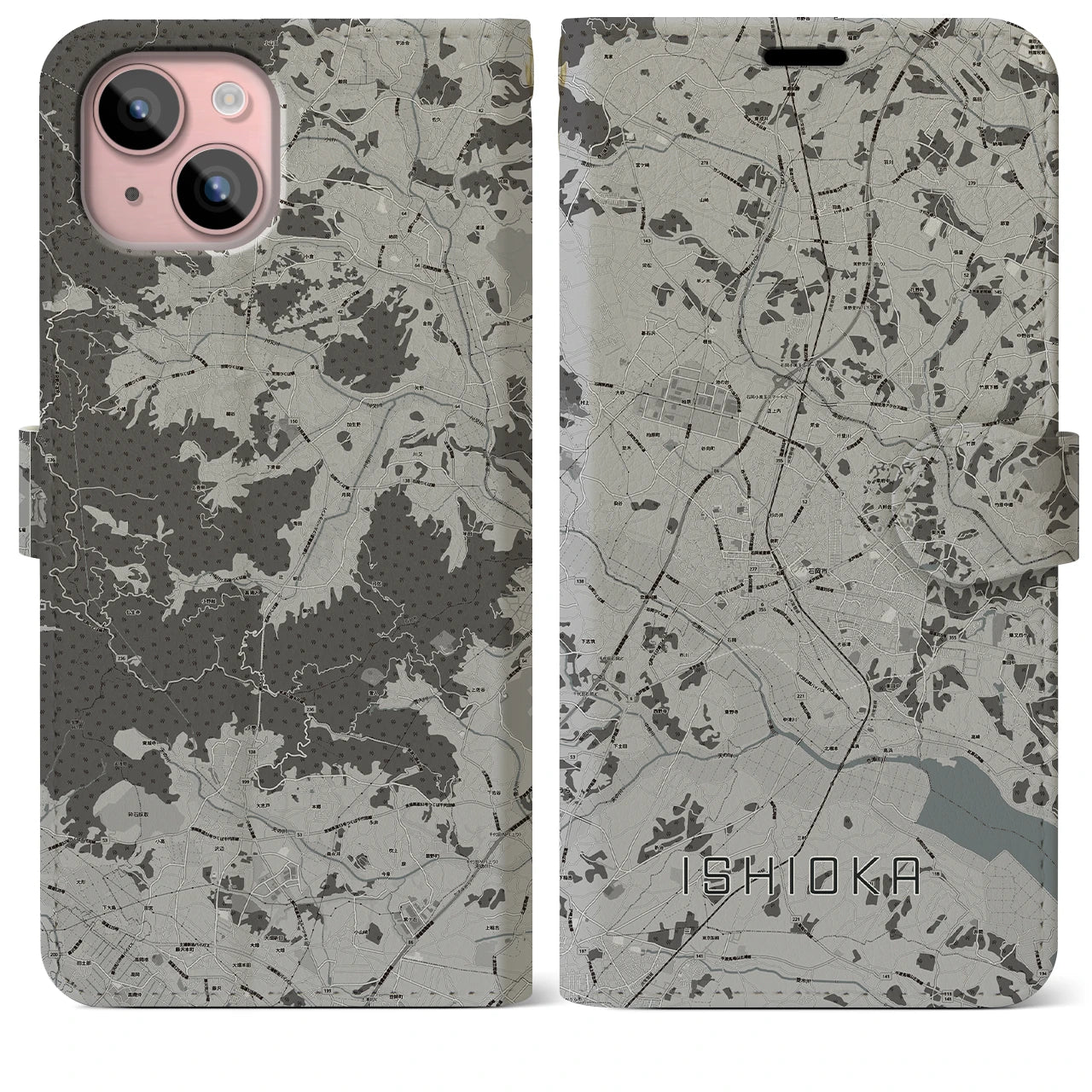 【石岡(茨城県)】地図柄iPhoneケース(手帳タイプ)モノトーン・iPhone 15 Plus 用