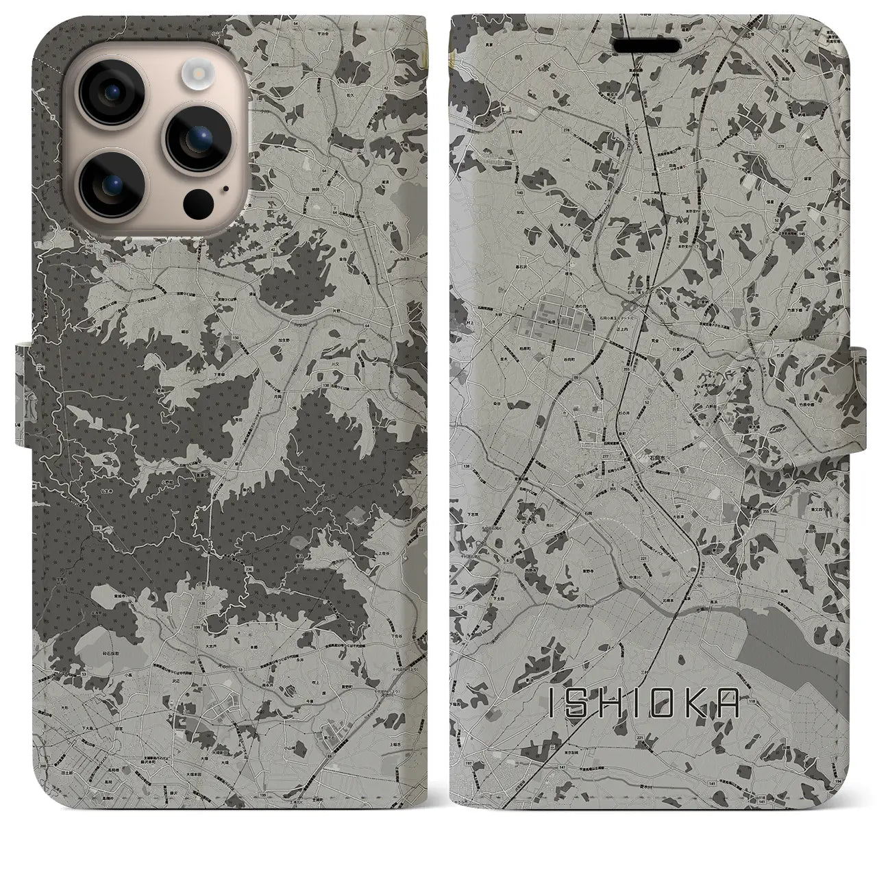 【石岡(茨城県)】地図柄iPhoneケース(手帳タイプ)モノトーン・iPhone 16 Plus 用