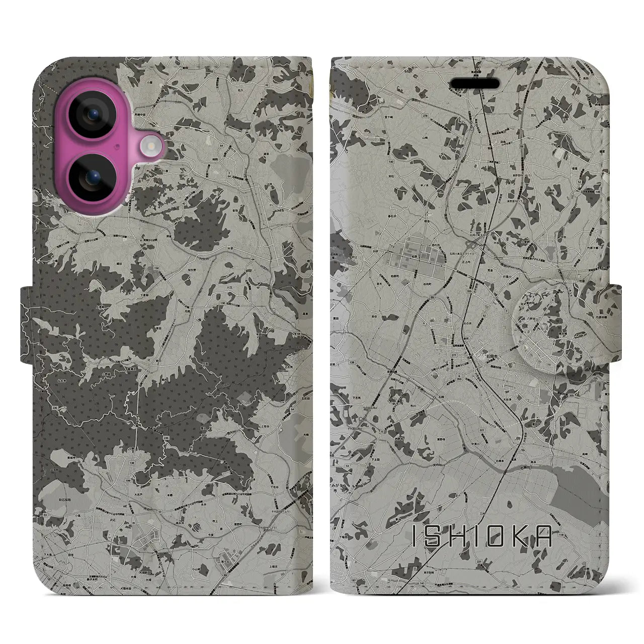 【石岡(茨城県)】地図柄iPhoneケース(手帳タイプ)モノトーン・iPhone 16 Pro 用