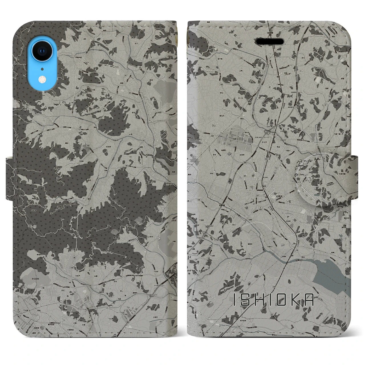 【石岡(茨城県)】地図柄iPhoneケース(手帳タイプ)モノトーン・iPhone XR 用