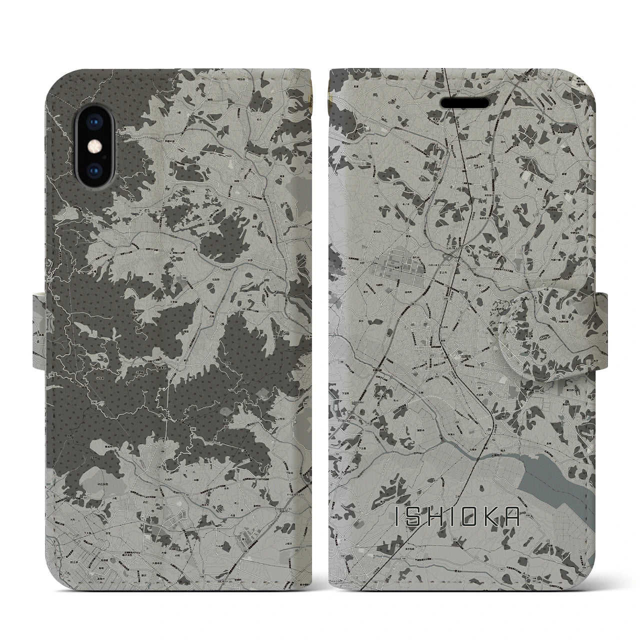 【石岡(茨城県)】地図柄iPhoneケース(手帳タイプ)モノトーン・iPhone XS / X 用
