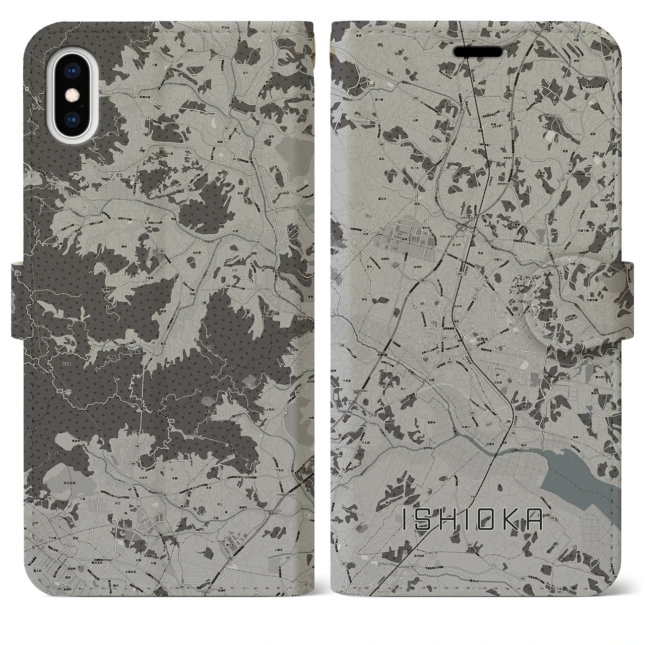 【石岡(茨城県)】地図柄iPhoneケース(手帳タイプ)モノトーン・iPhone XS Max 用
