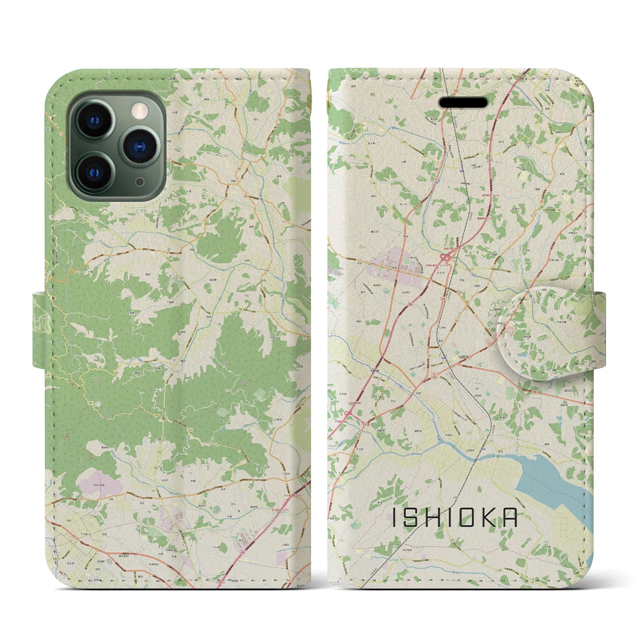 【石岡(茨城県)】地図柄iPhoneケース(手帳タイプ)ナチュラル・iPhone 11 Pro 用