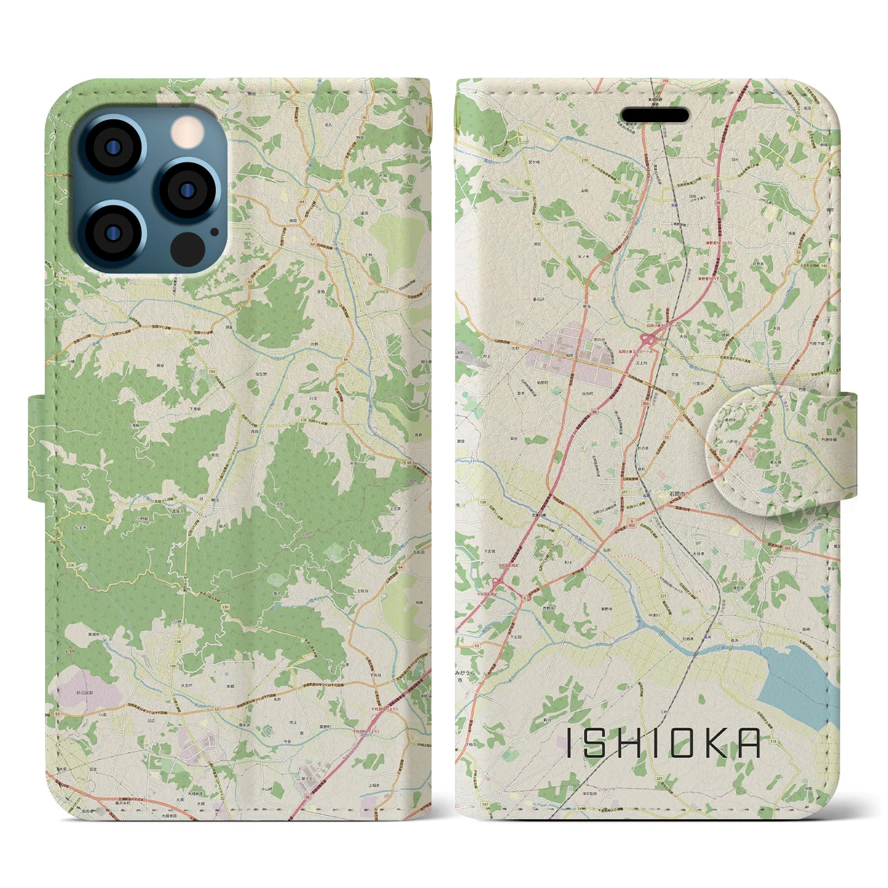 【石岡(茨城県)】地図柄iPhoneケース(手帳タイプ)ナチュラル・iPhone 12 / 12 Pro 用