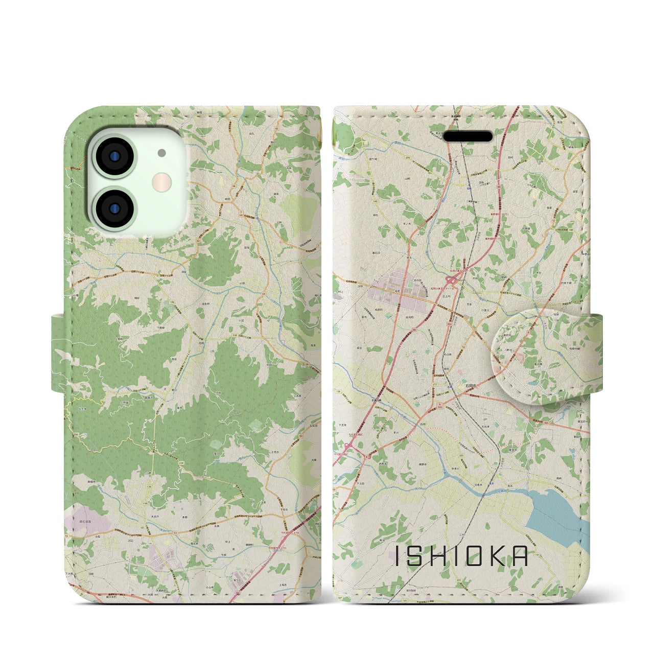 【石岡(茨城県)】地図柄iPhoneケース(手帳タイプ)ナチュラル・iPhone 12 mini 用