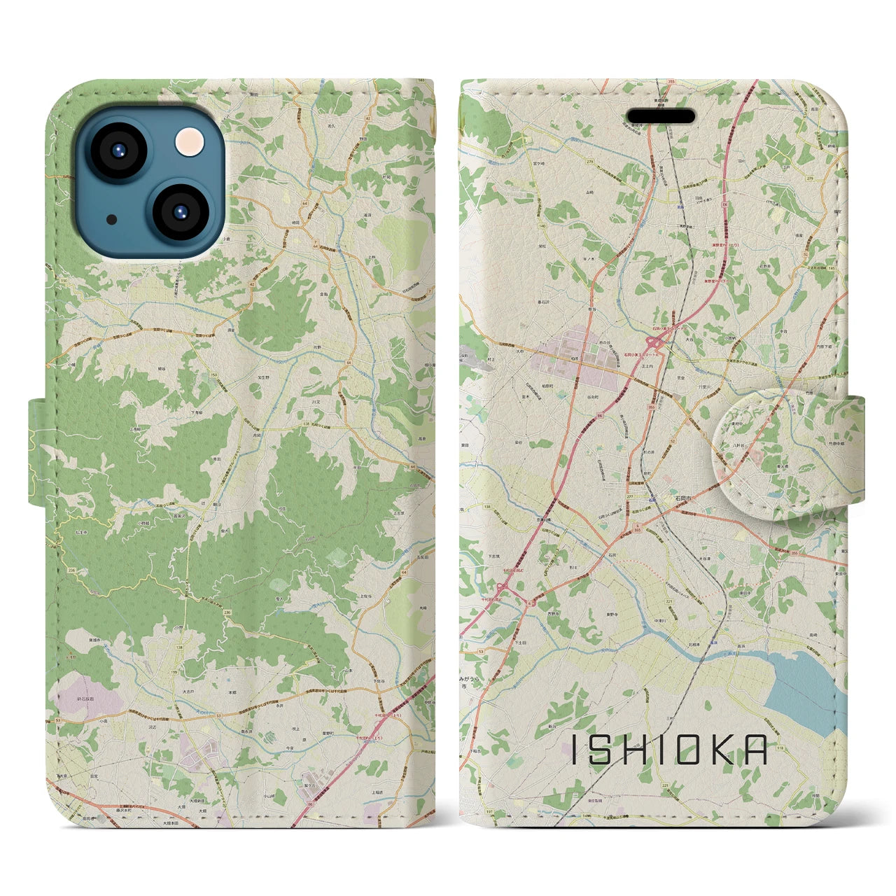 【石岡(茨城県)】地図柄iPhoneケース(手帳タイプ)ナチュラル・iPhone 13 用