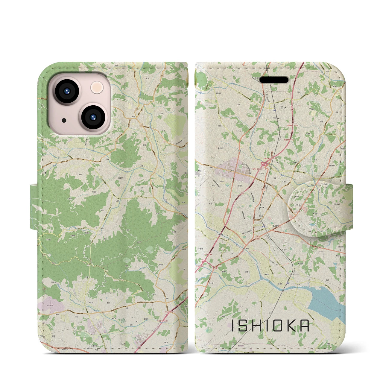 【石岡(茨城県)】地図柄iPhoneケース(手帳タイプ)ナチュラル・iPhone 13 mini 用