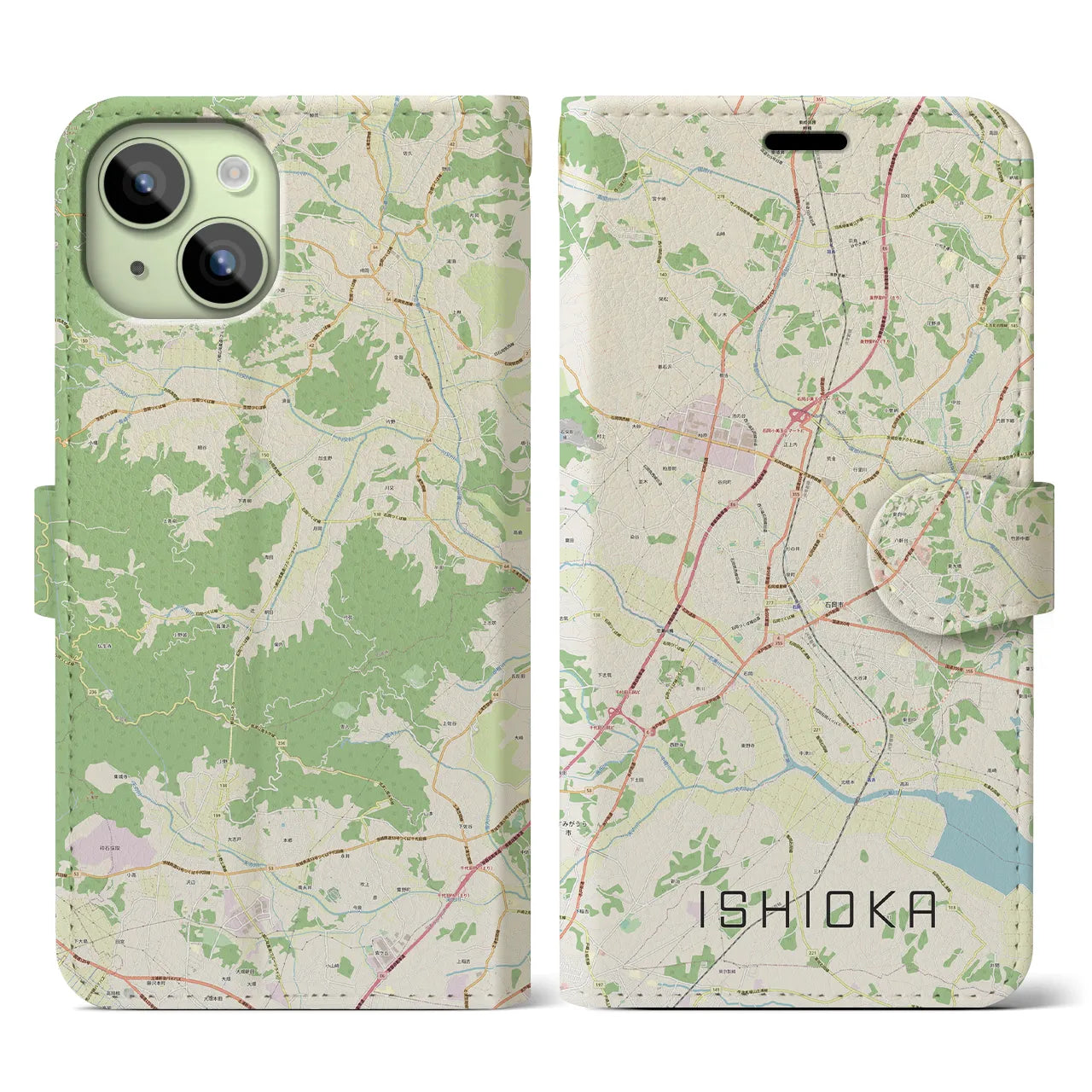 【石岡(茨城県)】地図柄iPhoneケース(手帳タイプ)ナチュラル・iPhone 15 用