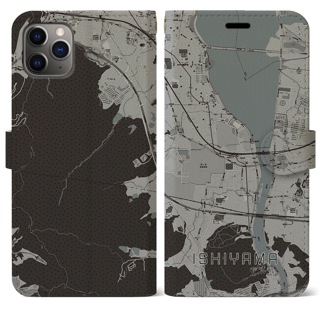 【石山(滋賀県)】地図柄iPhoneケース(手帳タイプ)モノトーン・iPhone 11 Pro Max 用