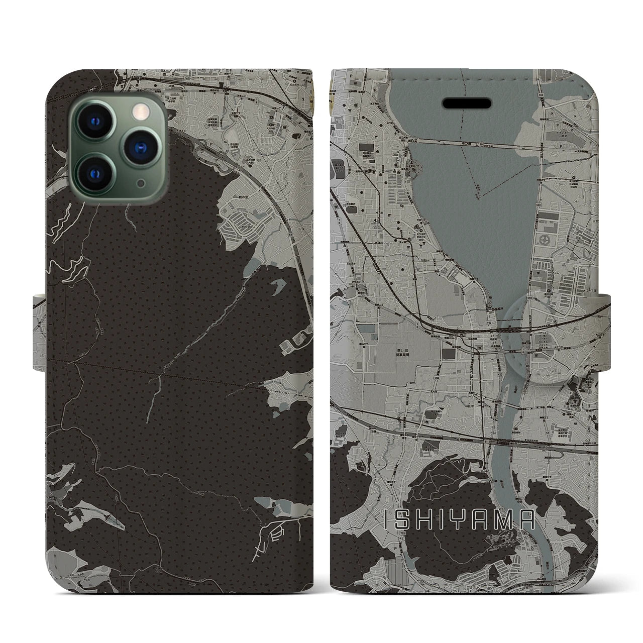 【石山(滋賀県)】地図柄iPhoneケース(手帳タイプ)モノトーン・iPhone 11 Pro 用