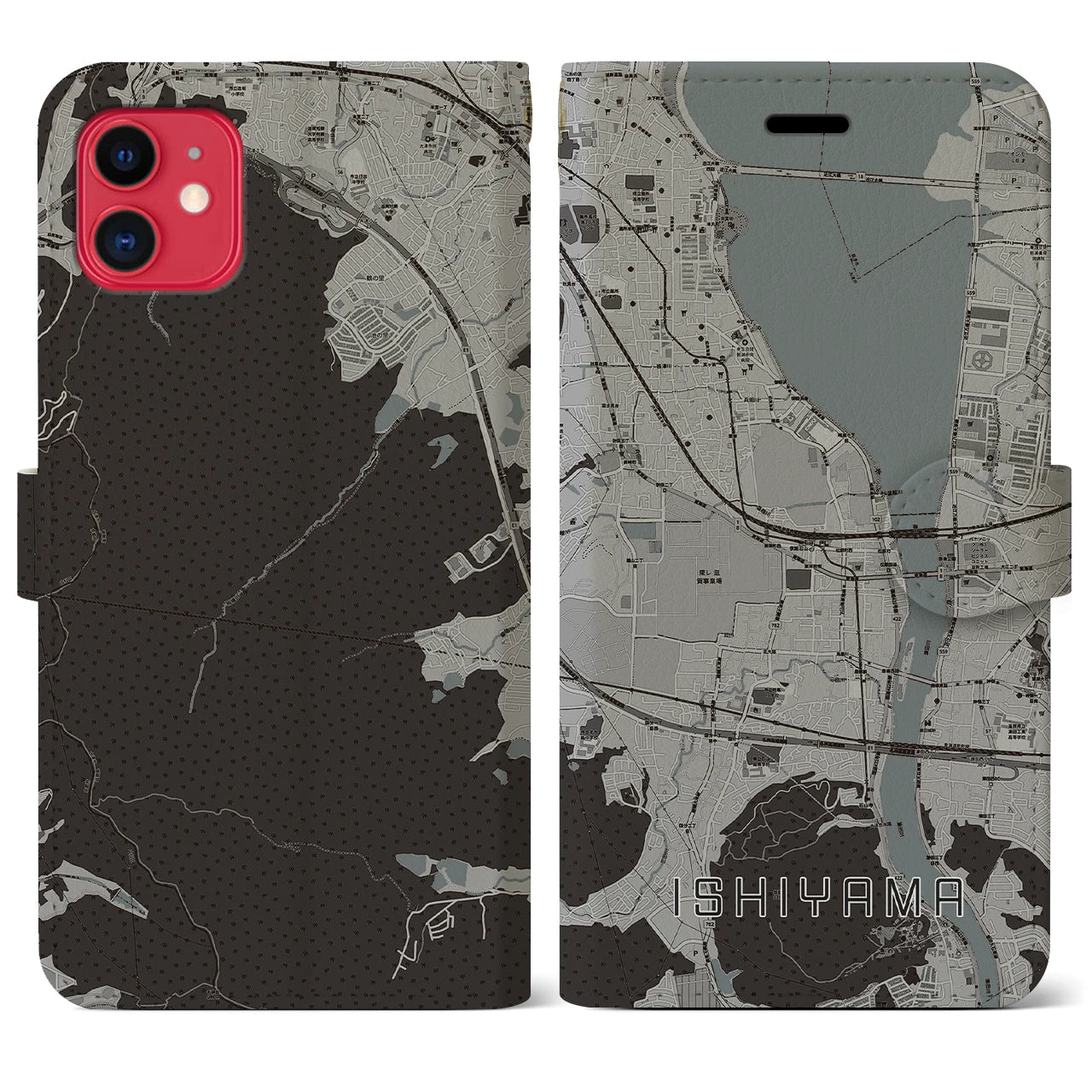 【石山(滋賀県)】地図柄iPhoneケース(手帳タイプ)モノトーン・iPhone 11 用