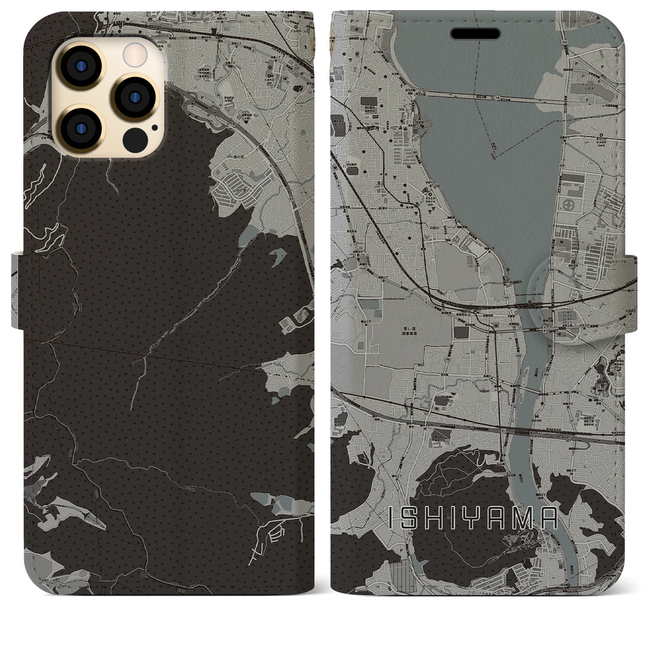 【石山(滋賀県)】地図柄iPhoneケース(手帳タイプ)モノトーン・iPhone 12 Pro Max 用