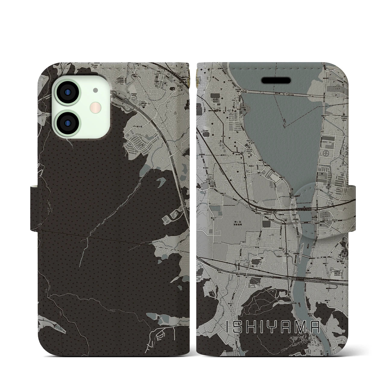 【石山(滋賀県)】地図柄iPhoneケース(手帳タイプ)モノトーン・iPhone 12 mini 用