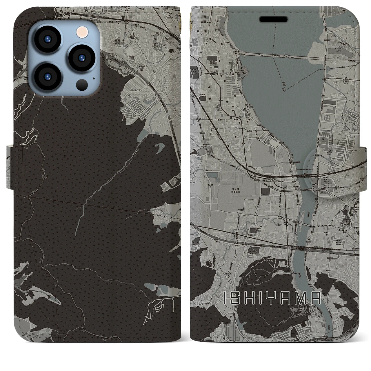 【石山(滋賀県)】地図柄iPhoneケース(手帳タイプ)モノトーン・iPhone 13 Pro Max 用