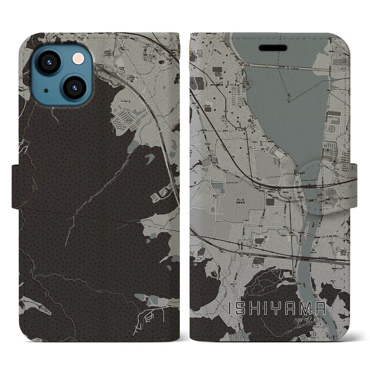 【石山(滋賀県)】地図柄iPhoneケース(手帳タイプ)モノトーン・iPhone 13 用