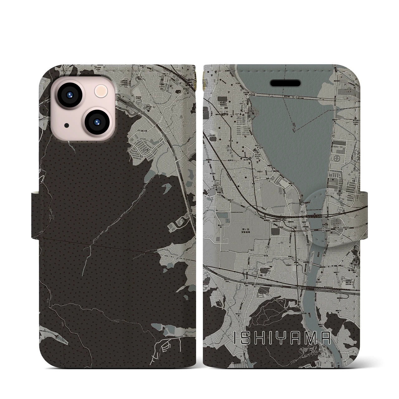 【石山(滋賀県)】地図柄iPhoneケース(手帳タイプ)モノトーン・iPhone 13 mini 用