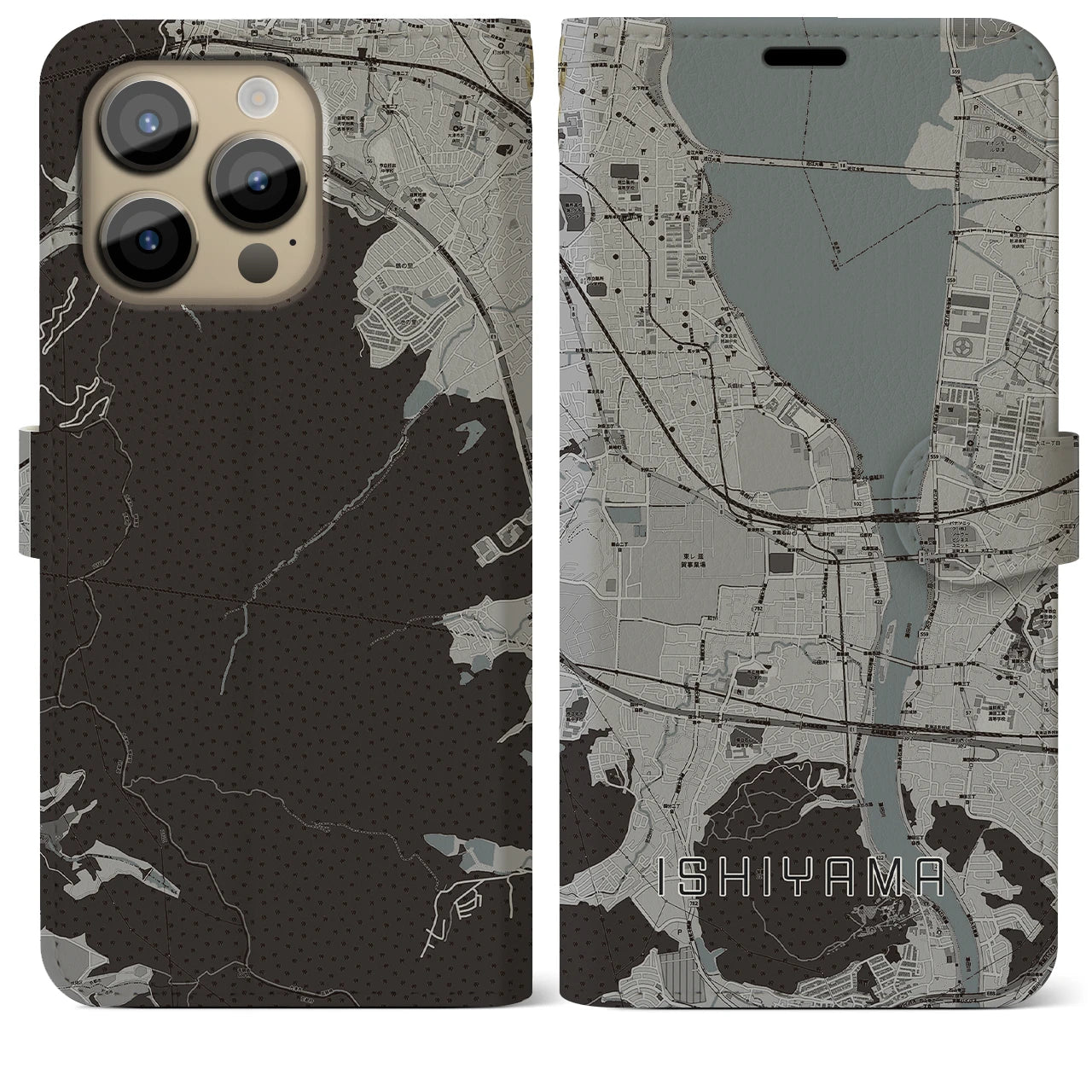 【石山(滋賀県)】地図柄iPhoneケース(手帳タイプ)モノトーン・iPhone 14 Pro Max 用