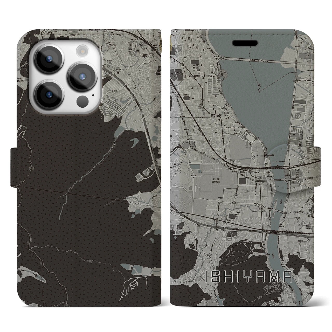 【石山(滋賀県)】地図柄iPhoneケース(手帳タイプ)モノトーン・iPhone 14 Pro 用