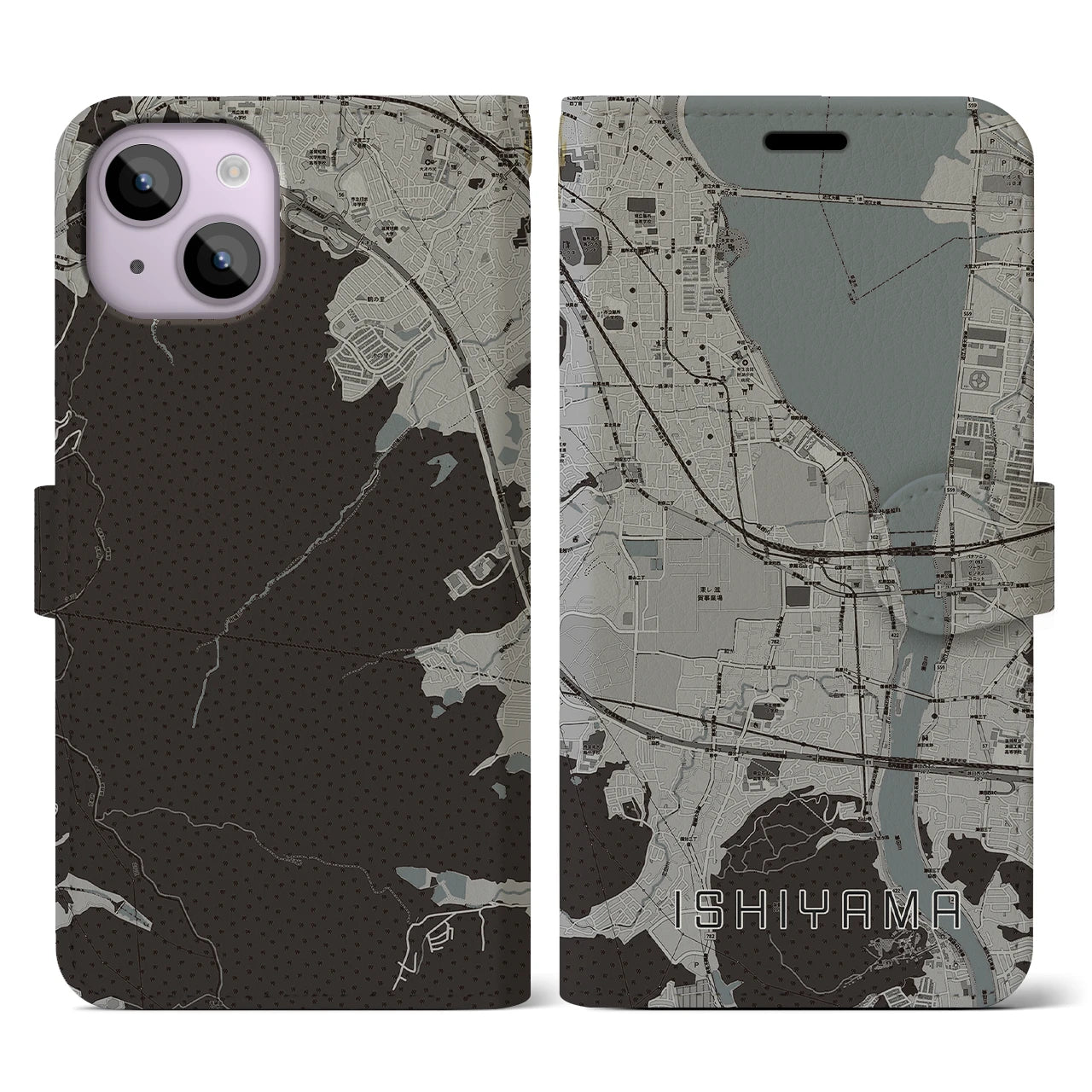 【石山(滋賀県)】地図柄iPhoneケース(手帳タイプ)モノトーン・iPhone 14 用