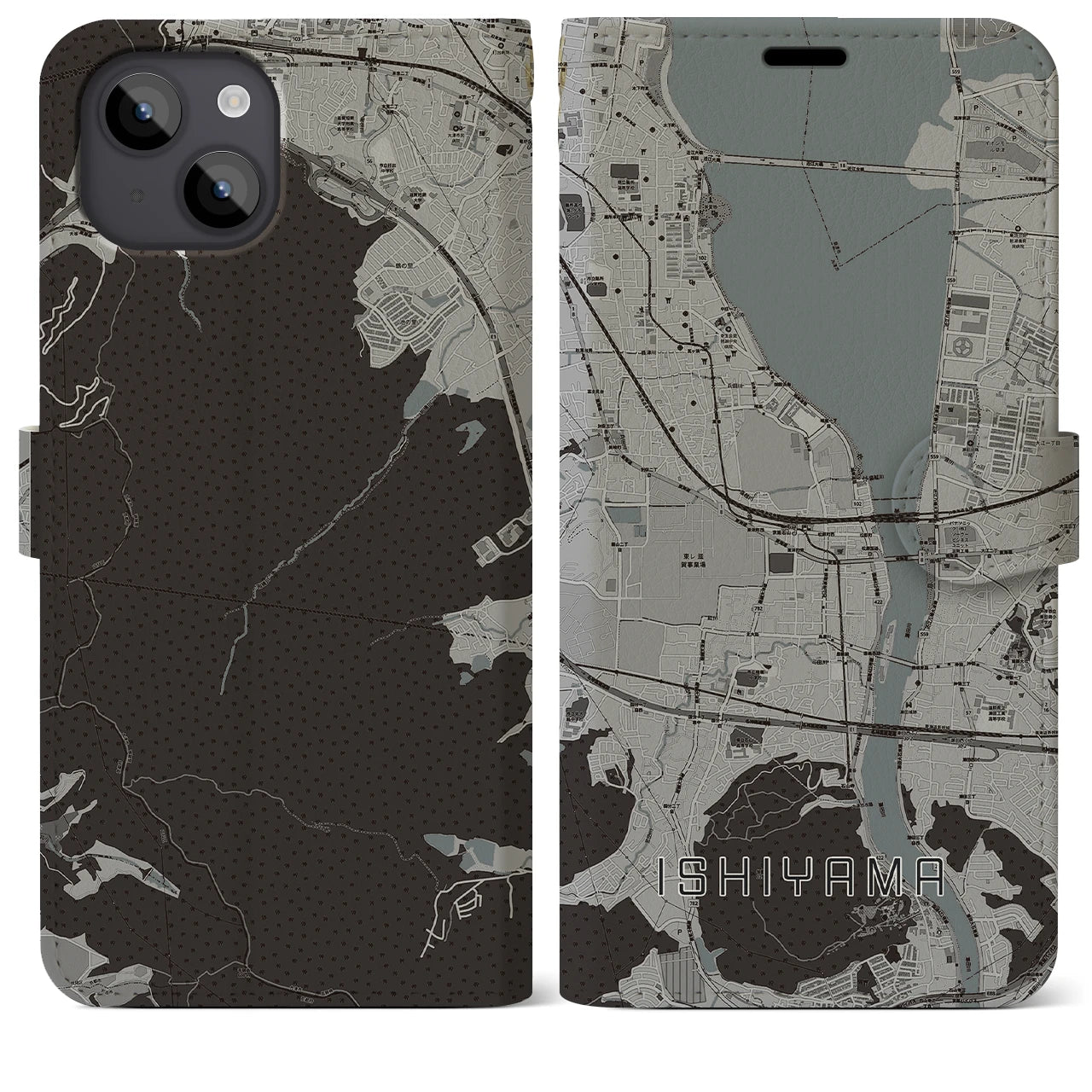 【石山(滋賀県)】地図柄iPhoneケース(手帳タイプ)モノトーン・iPhone 14 Plus 用