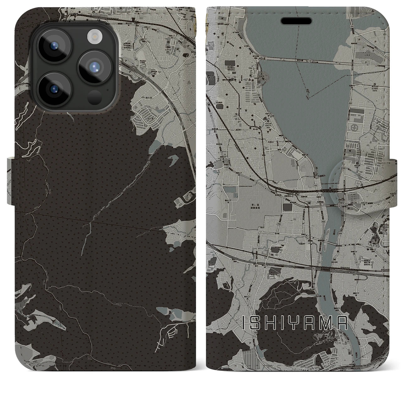 【石山(滋賀県)】地図柄iPhoneケース(手帳タイプ)モノトーン・iPhone 15 Pro Max 用