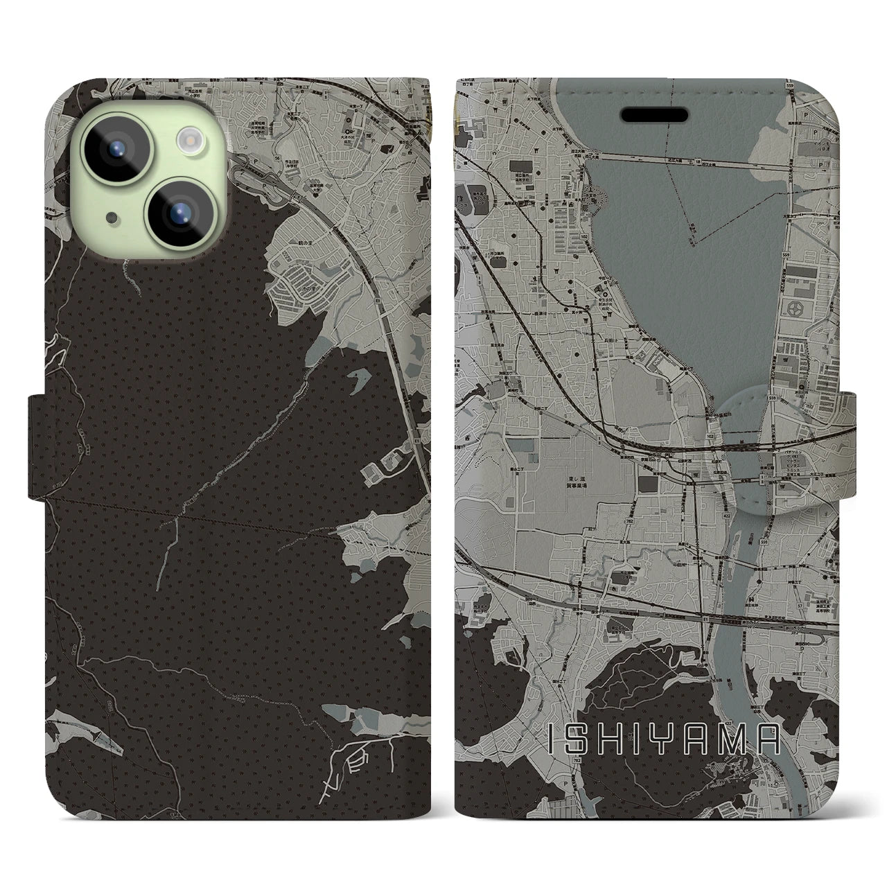 【石山(滋賀県)】地図柄iPhoneケース(手帳タイプ)モノトーン・iPhone 15 用