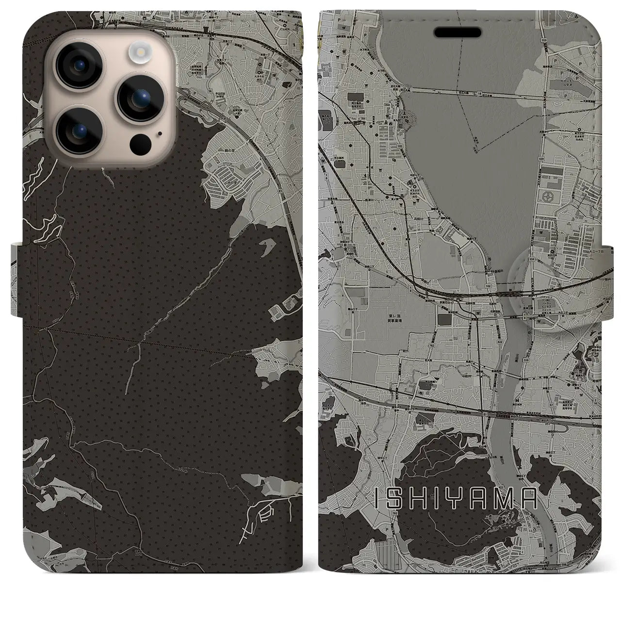 【石山(滋賀県)】地図柄iPhoneケース(手帳タイプ)モノトーン・iPhone 16 Plus 用