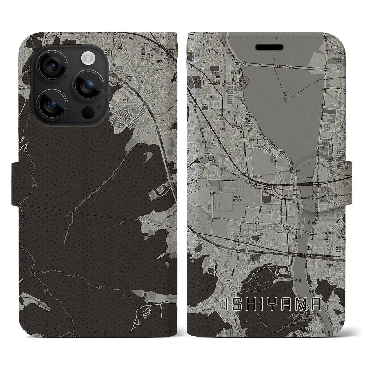 【石山(滋賀県)】地図柄iPhoneケース(手帳タイプ)モノトーン・iPhone 16 用