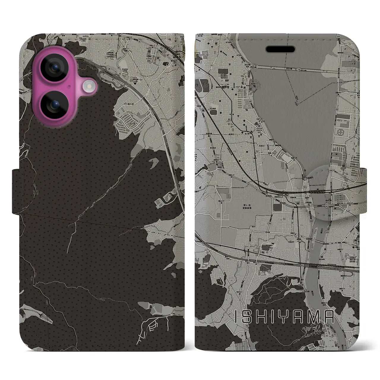 【石山(滋賀県)】地図柄iPhoneケース(手帳タイプ)モノトーン・iPhone 16 Pro 用