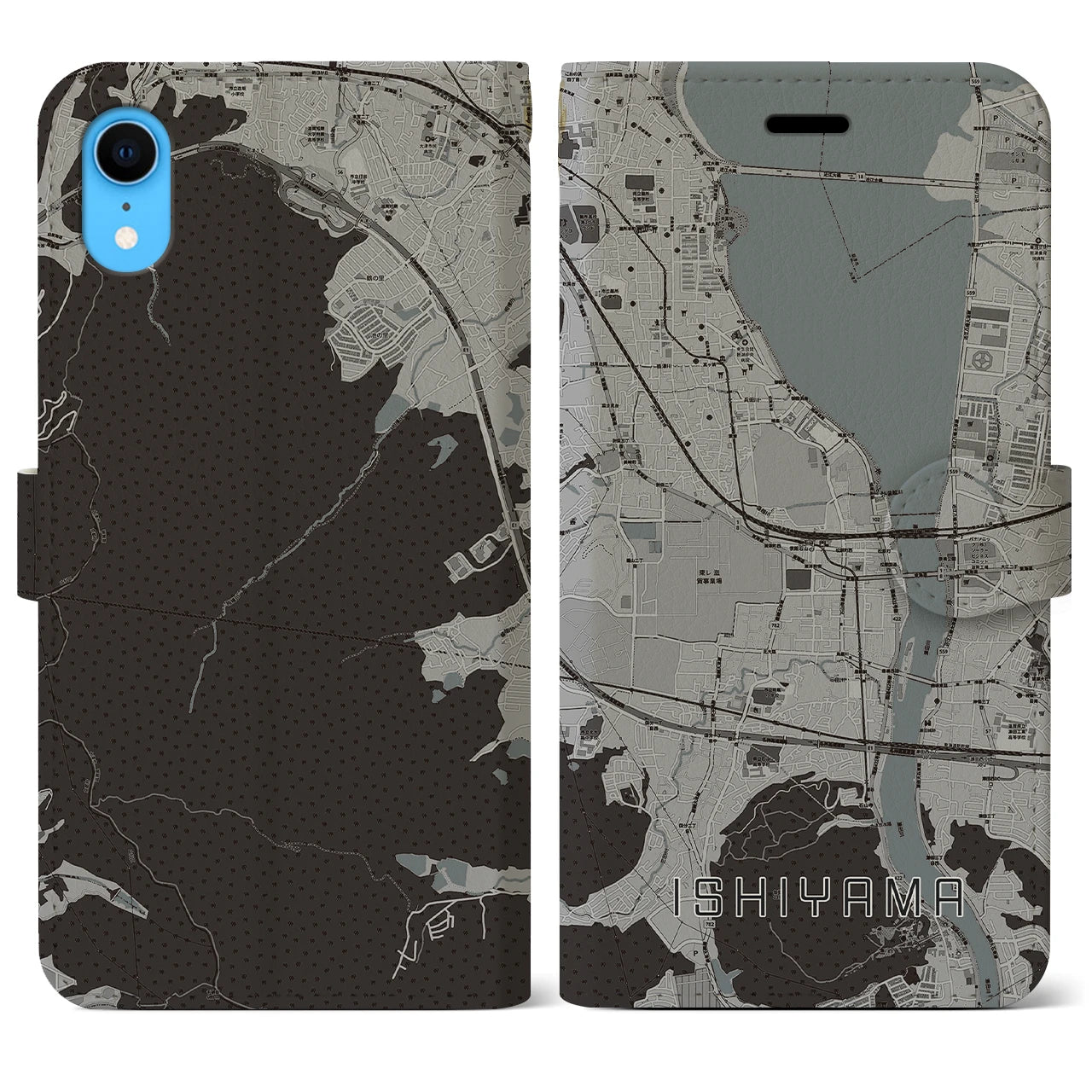 【石山(滋賀県)】地図柄iPhoneケース(手帳タイプ)モノトーン・iPhone XR 用