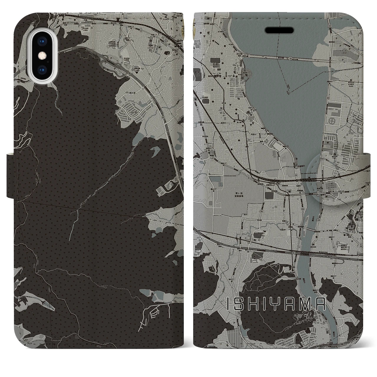 【石山(滋賀県)】地図柄iPhoneケース(手帳タイプ)モノトーン・iPhone XS Max 用