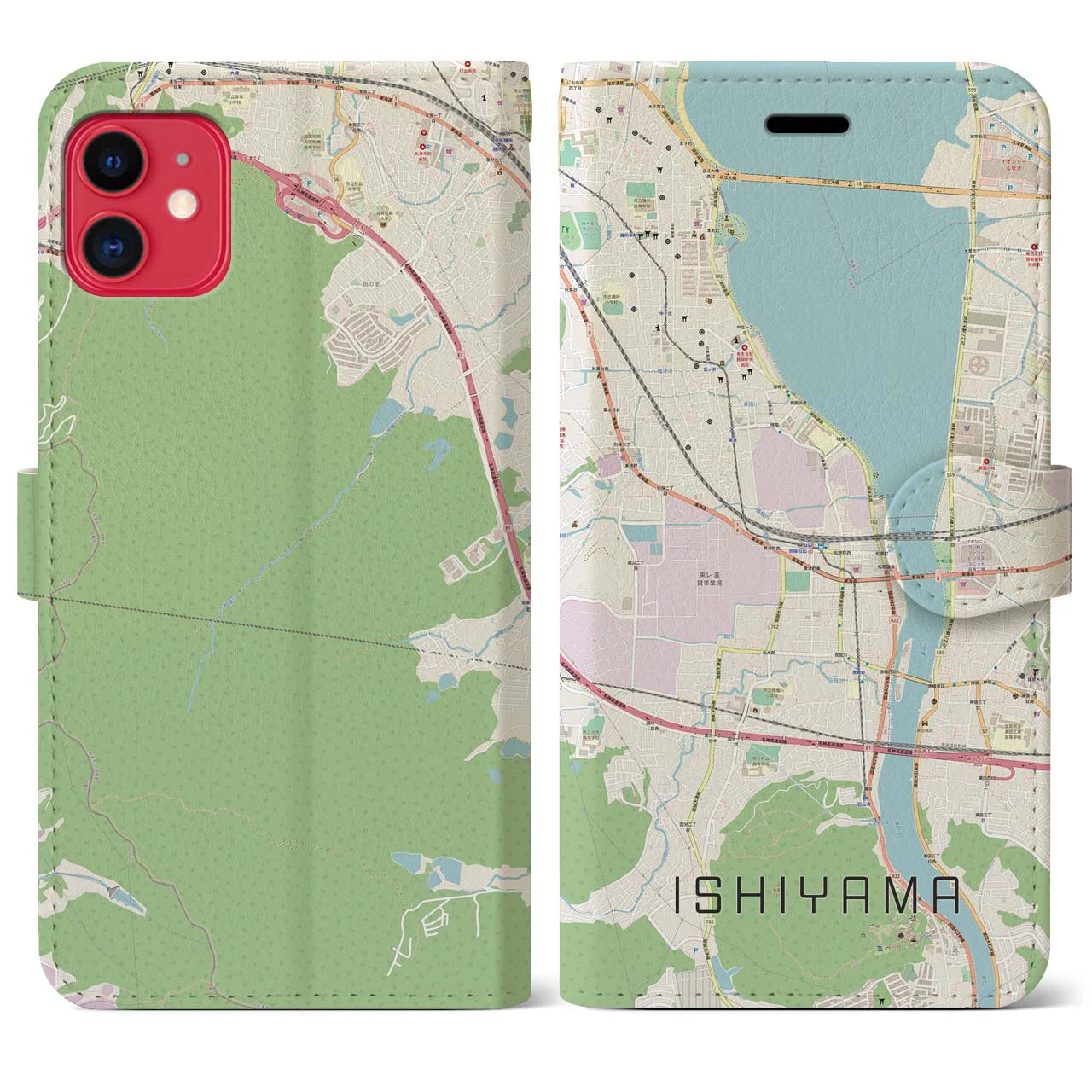 【石山(滋賀県)】地図柄iPhoneケース(手帳タイプ)ナチュラル・iPhone 11 用