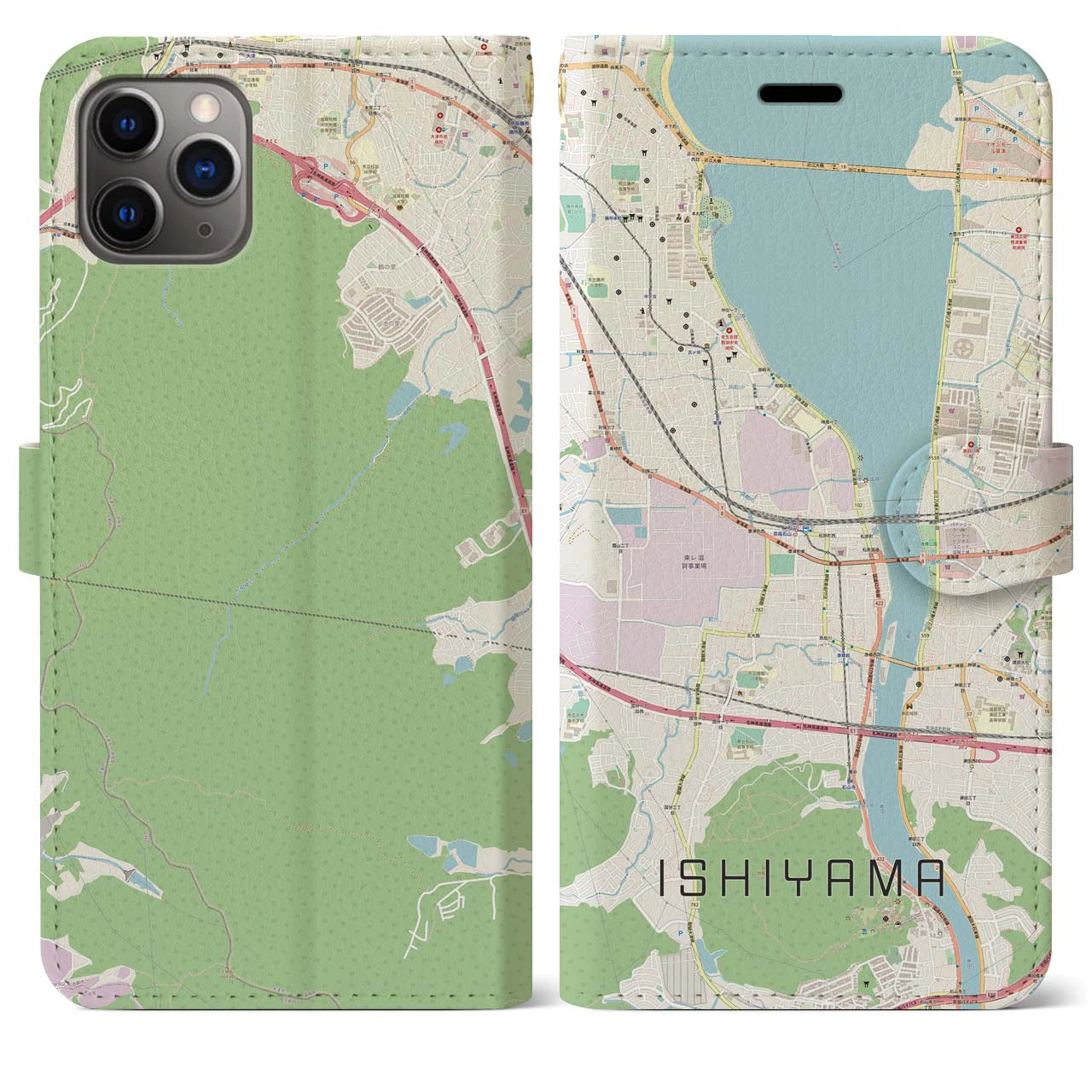 【石山(滋賀県)】地図柄iPhoneケース(手帳タイプ)ナチュラル・iPhone 11 Pro Max 用