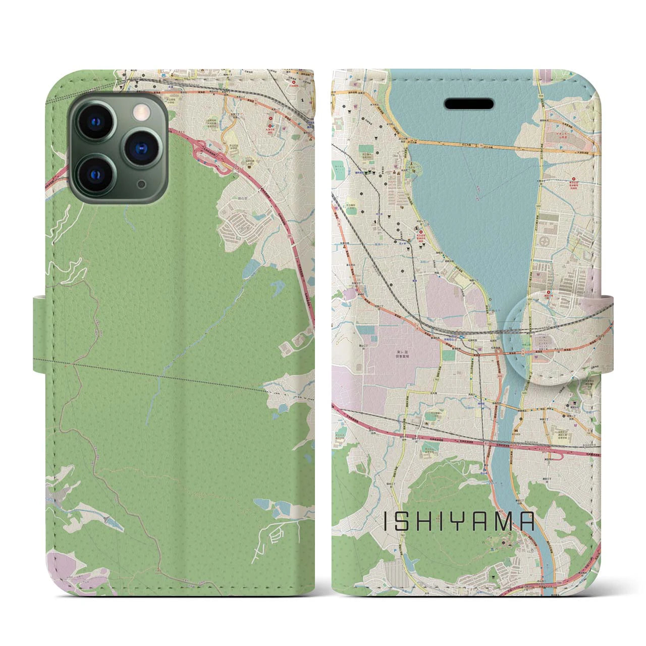 【石山(滋賀県)】地図柄iPhoneケース(手帳タイプ)ナチュラル・iPhone 11 Pro 用