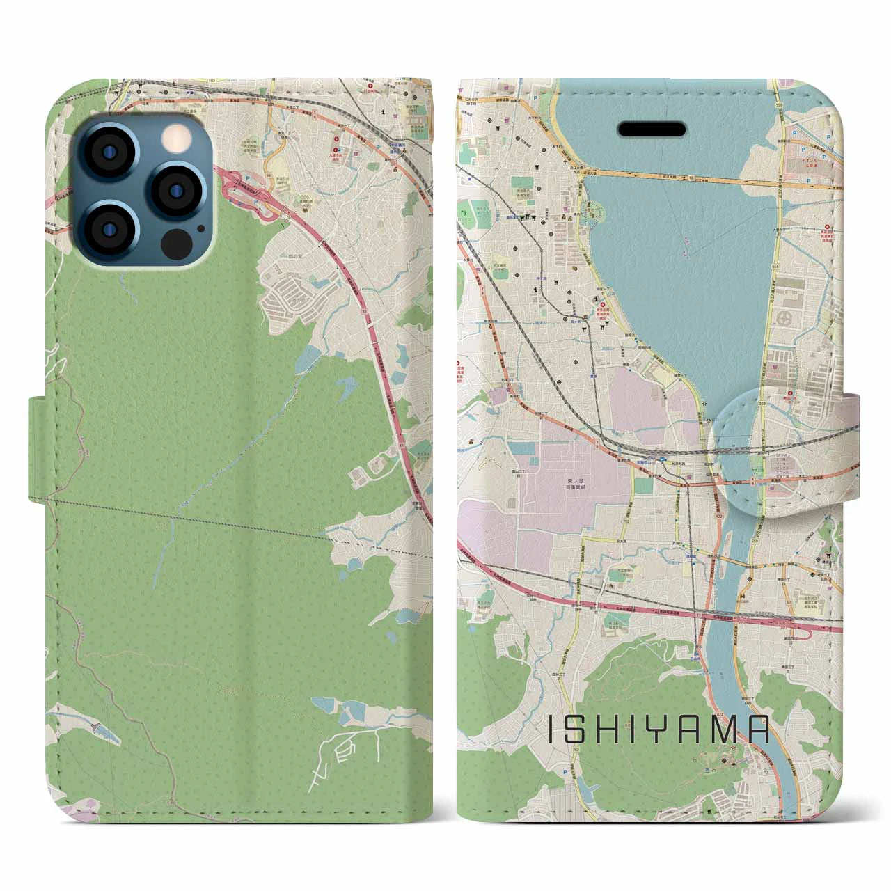 【石山(滋賀県)】地図柄iPhoneケース(手帳タイプ)ナチュラル・iPhone 12 / 12 Pro 用