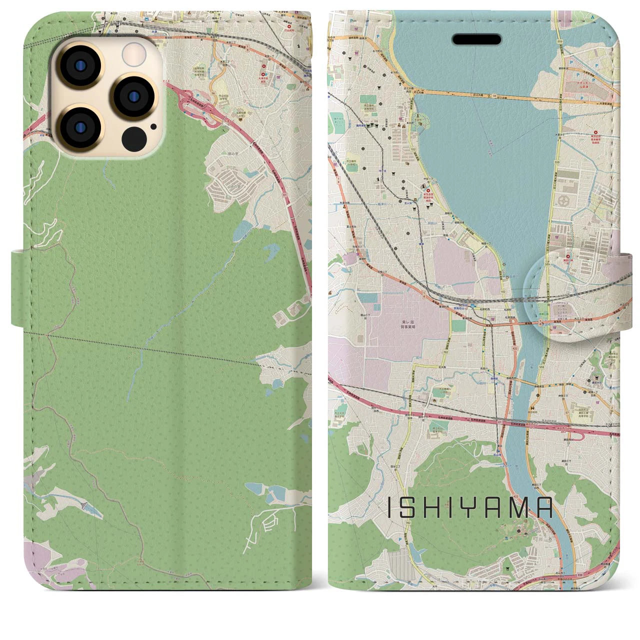【石山(滋賀県)】地図柄iPhoneケース(手帳タイプ)ナチュラル・iPhone 12 Pro Max 用