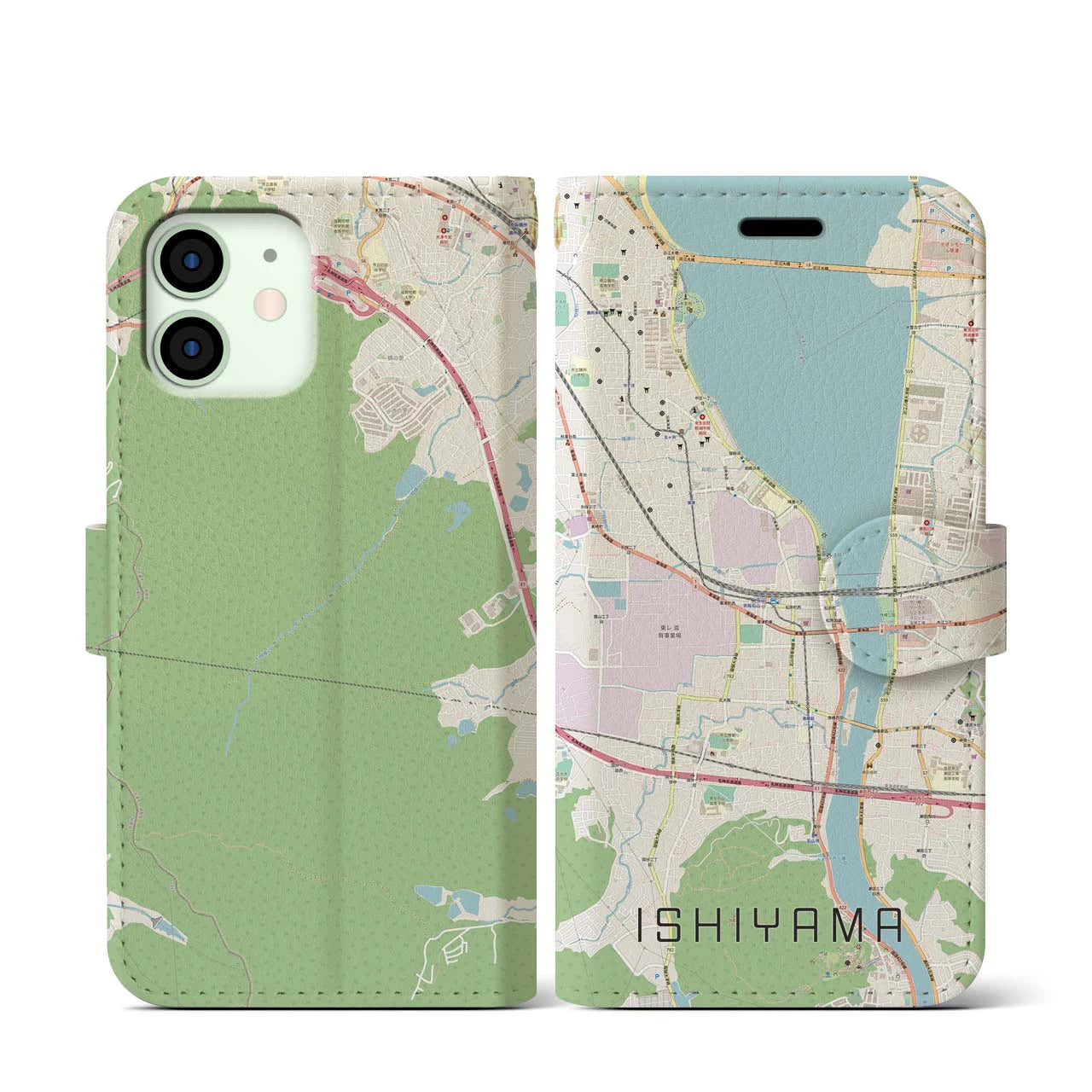 【石山(滋賀県)】地図柄iPhoneケース(手帳タイプ)ナチュラル・iPhone 12 mini 用