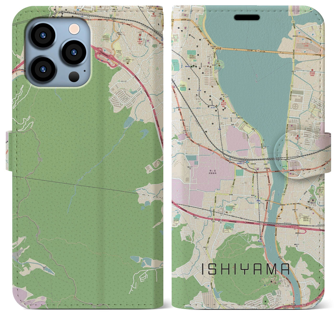 【石山(滋賀県)】地図柄iPhoneケース(手帳タイプ)ナチュラル・iPhone 13 Pro Max 用