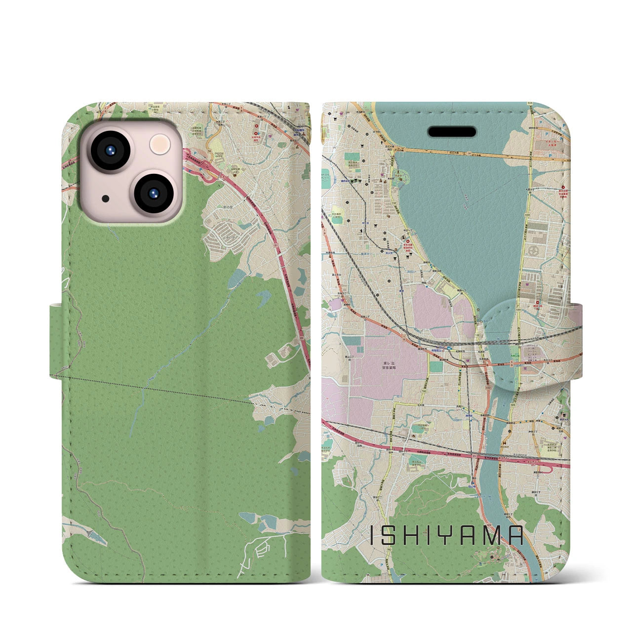 【石山(滋賀県)】地図柄iPhoneケース(手帳タイプ)ナチュラル・iPhone 13 mini 用
