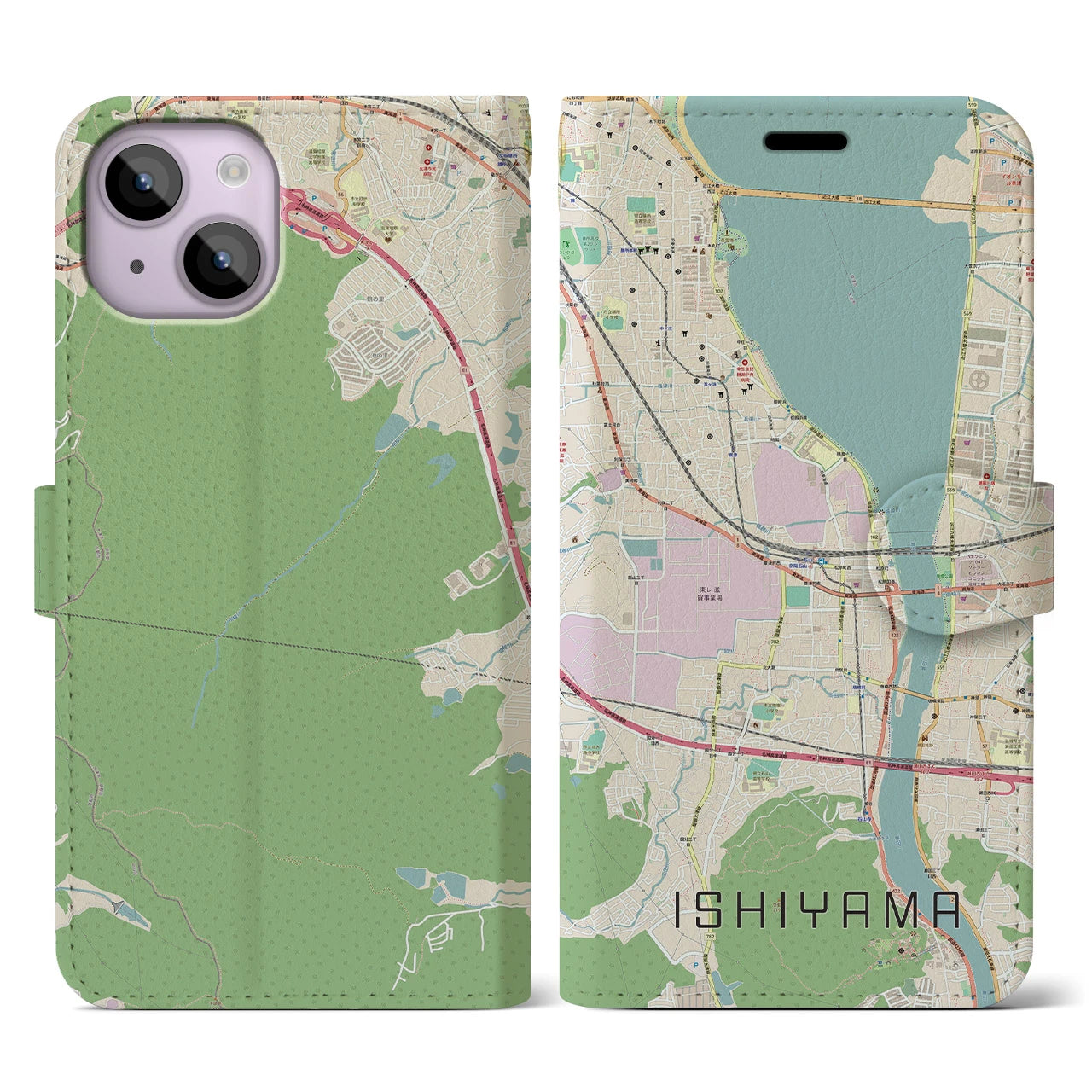 【石山(滋賀県)】地図柄iPhoneケース(手帳タイプ)ナチュラル・iPhone 14 用