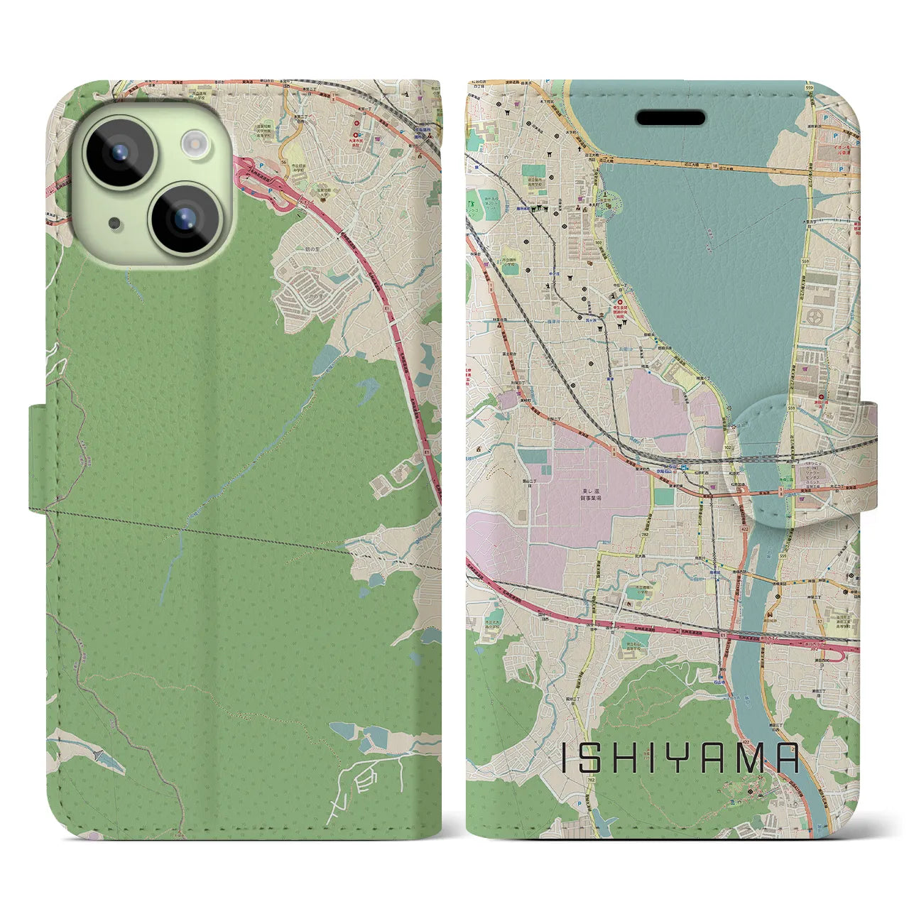 【石山(滋賀県)】地図柄iPhoneケース(手帳タイプ)ナチュラル・iPhone 15 用