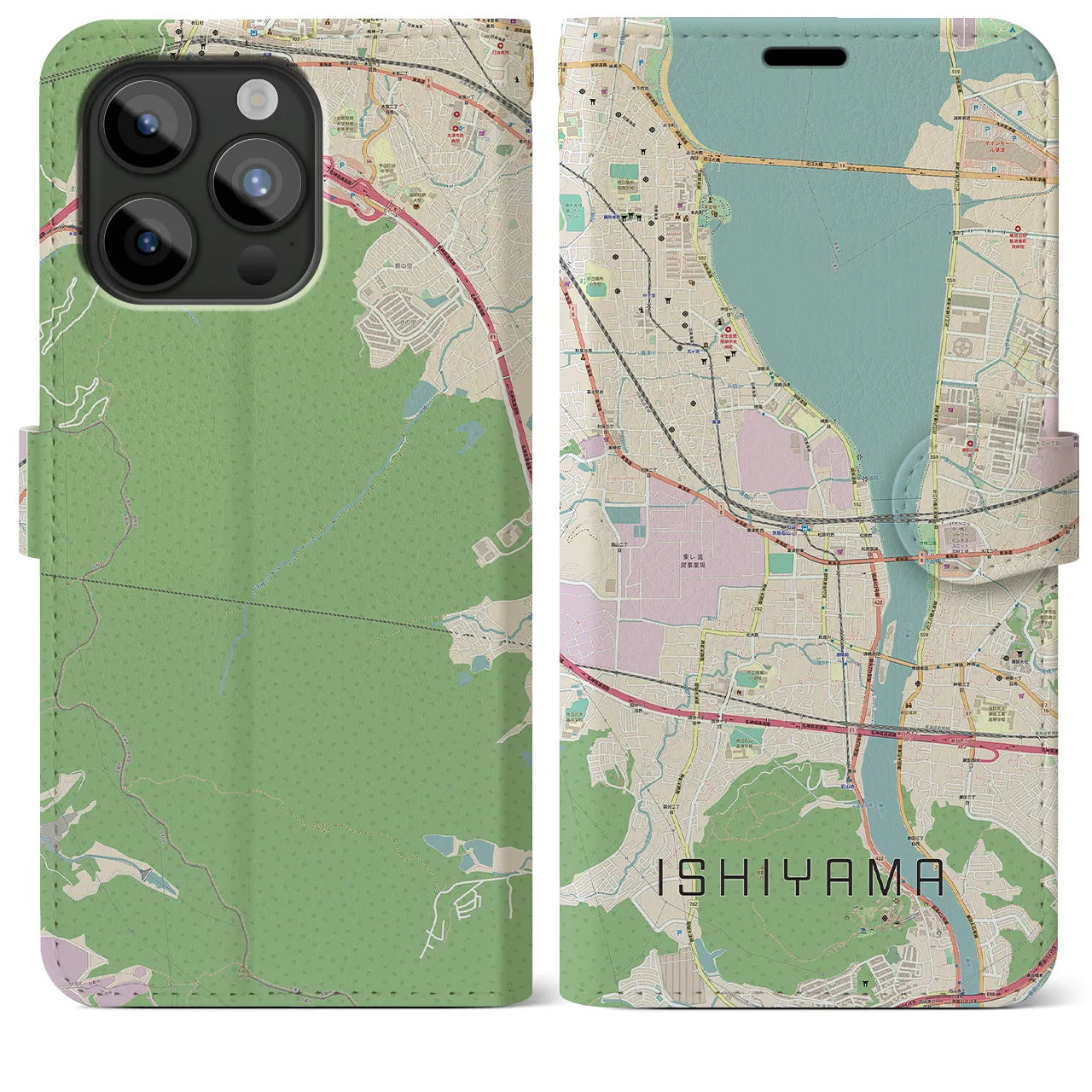 【石山(滋賀県)】地図柄iPhoneケース(手帳タイプ)ナチュラル・iPhone 15 Pro Max 用