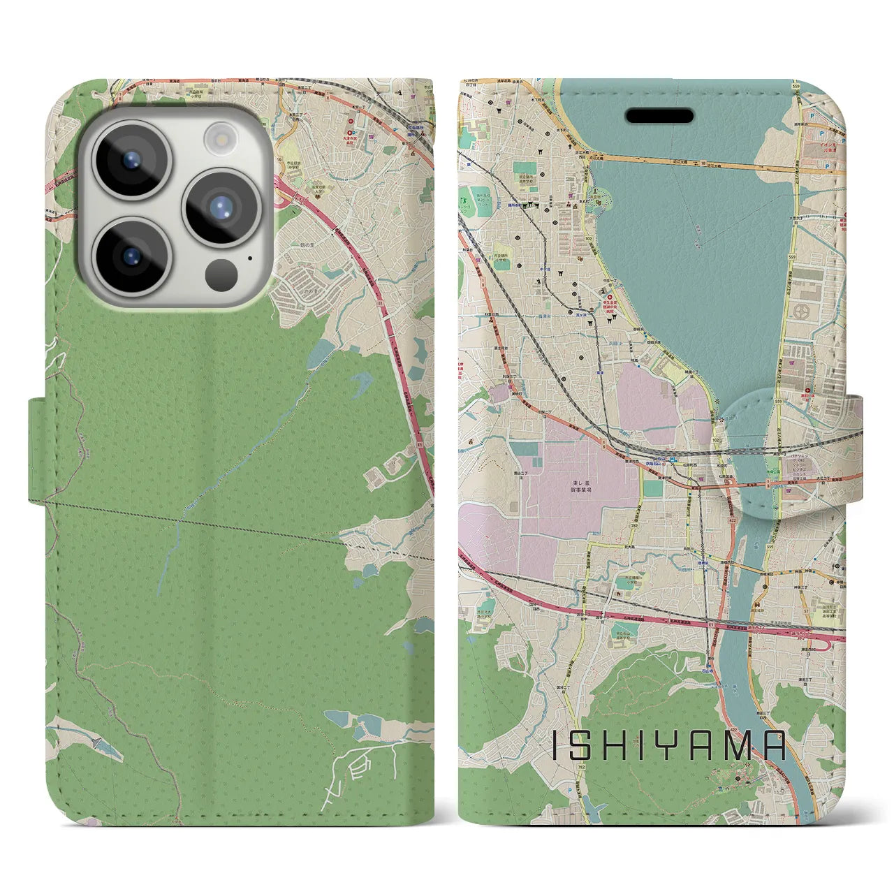 【石山(滋賀県)】地図柄iPhoneケース(手帳タイプ)ナチュラル・iPhone 15 Pro 用